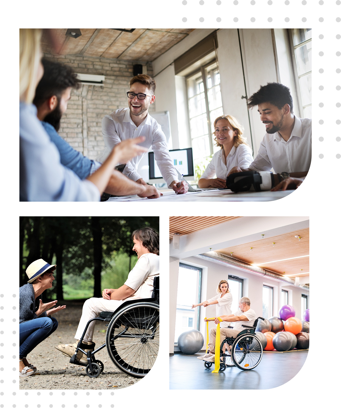 a group of ndis registration professionals in a meeting, an ndis health professional in the bottom with two elderly people